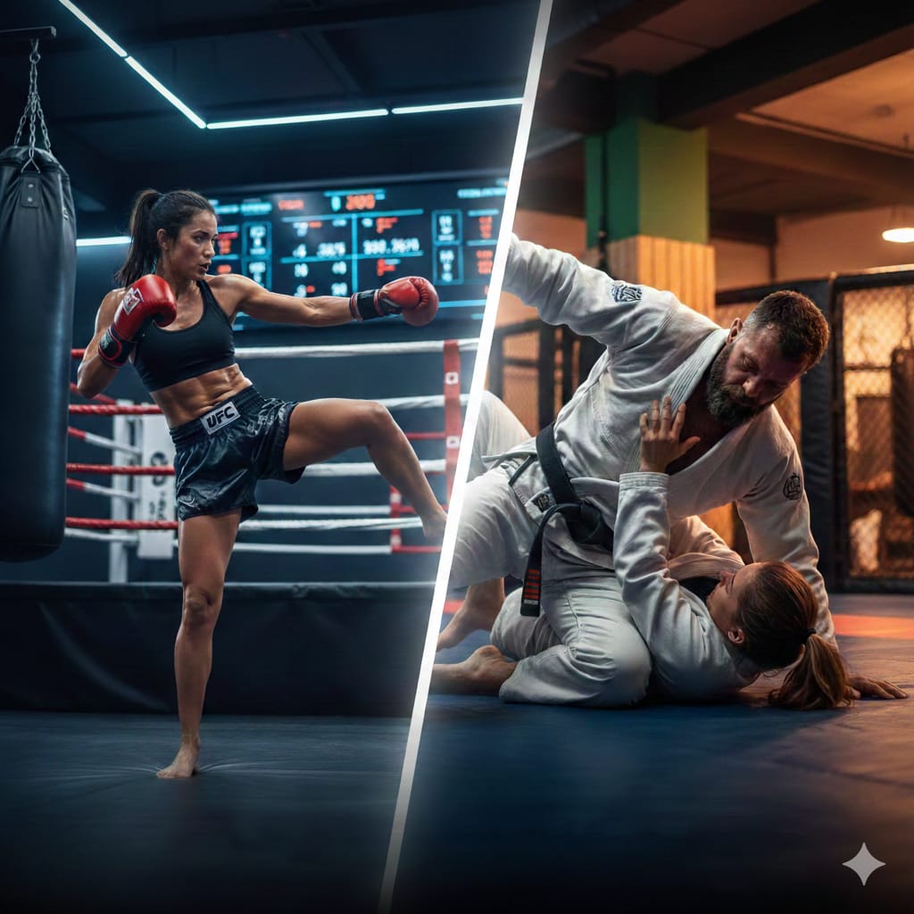 Split scene showing striking training and grappling training